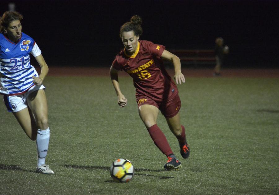 Brooke Tasker, midfielder, tries to control the ball during the home opener for the Big 12 conference game versus Kansas on Sept. 29. The Iowa State soccer team lost 2-1.