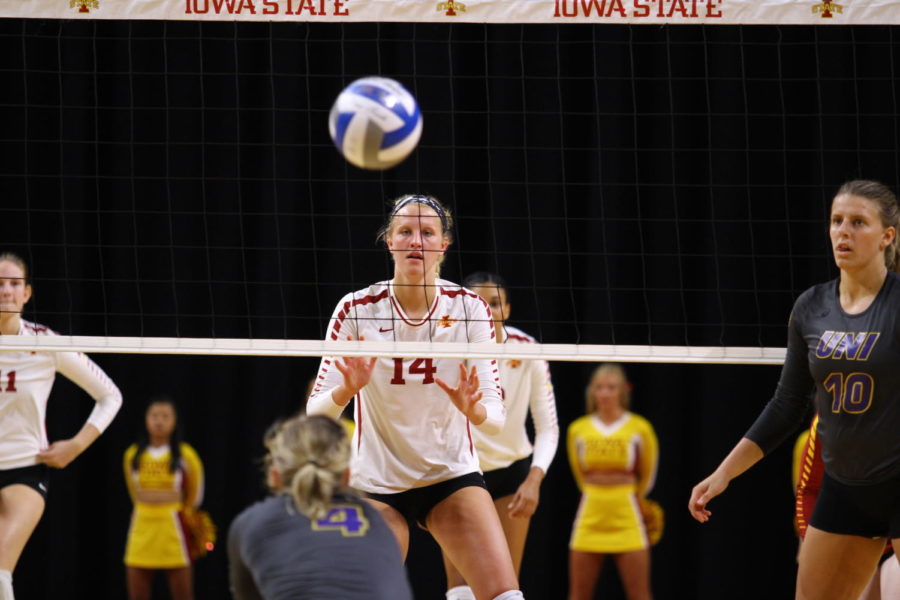 Jess Schaben preparing to block during a game on Sep. 12, vs. the University of Northern Iowa.