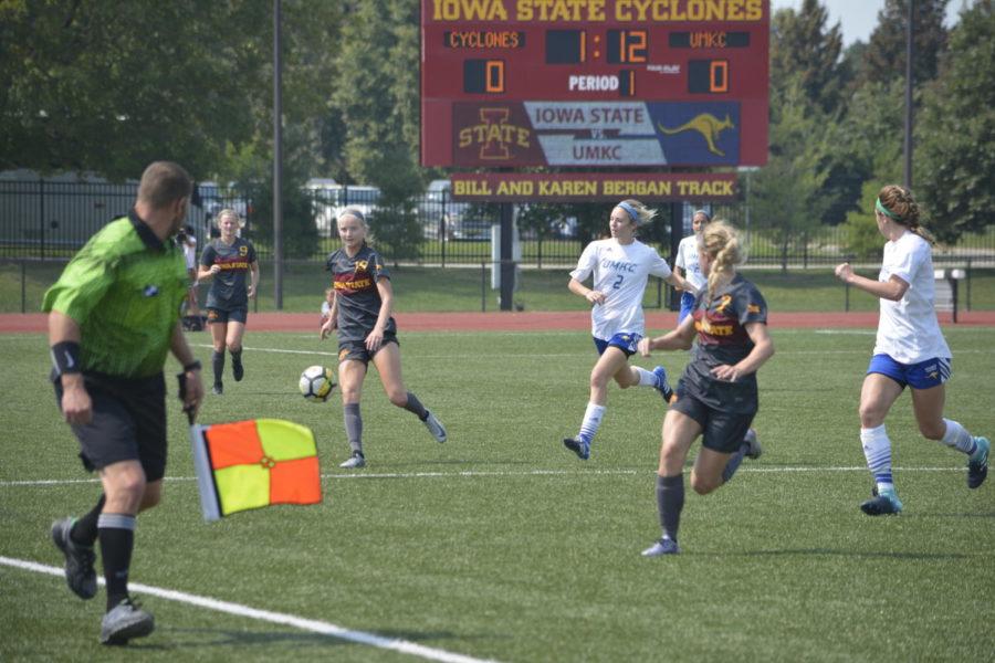 McKenna Schultz, defender, works the ball down the field during the last few minutes of the first half of the game versus the UMKC Kangaroos on Sept. 3.