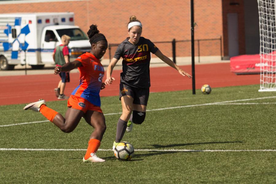 Junior Riley Behan Runs to block a pass Sept. 17. The Cyclones lost to the Gators 2-1 in overtime. 