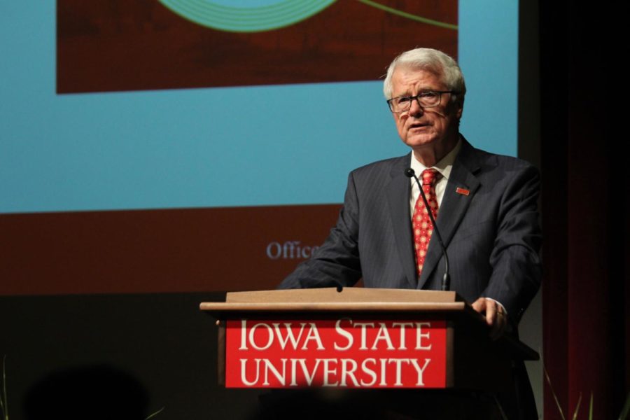 Interim President Ben Allen speaks at the presidents annual address in the Great Hall in the Memorial Union on Sept. 14. These students will make a difference in the world and the faculty and the staff are preparing them to make that difference, Allen said of the Iowa State student body. 