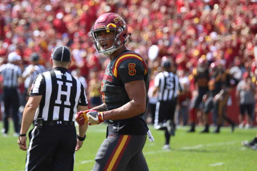 Iowa State receiver Allen Lazard celebrates after running back David Montgomery scores during the second half against Iowa. Lazard accounted for two of Iowa States five touchdowns.