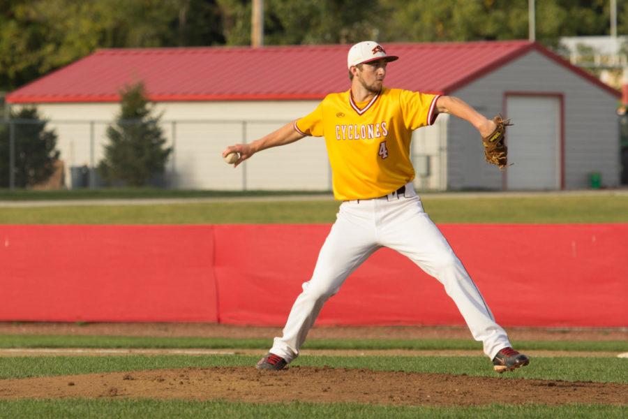 Senior Travis Havel pitches four up four down during the first inning of game five of the Cap Timm Classic Sept. 17. Iowa State Defeated North Dakota 7-2.