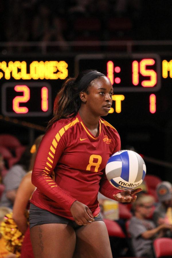 Senior Monique Harris prepares to serve Aug. 26. The Cyclones went on to sweep Omaha in thee consecutive sets. 