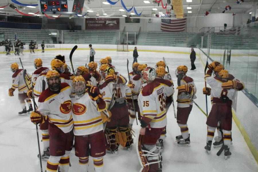 Cyclone Hockey faced Lindenwood Feb. 26th in Bensenville, Illinois to compete for the Central State Collegiate Hockey League Championship. The team celebrates the overtime goal that defeated the Lions 5-4.