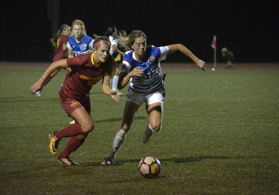 Forward Klasey Medelberg goes for the ball during the home opener for the Big 12 conference game versus Kansas on Sept. 29. The Iowa State soccer team lost 2-1.