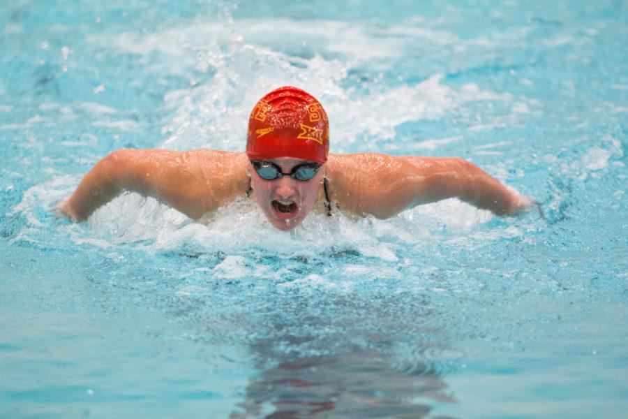 Member of the Iowa State Swim Team competes during the Cardinal and Gold meet at the Beyer pool Oct 13. 