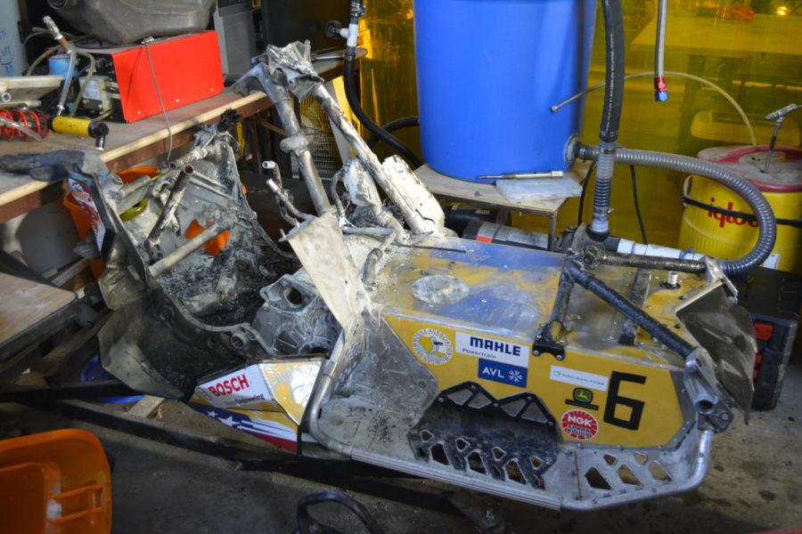 A snowmobile built by the Clean Snowmobile SAE, Society of Automotive Engineers, team caught fire at one of their competitions. Jason Whited, vice president of the SAE club was not at the event when the snowmobile caught fire. I asked them about it later and they dubbed it a thermal event.