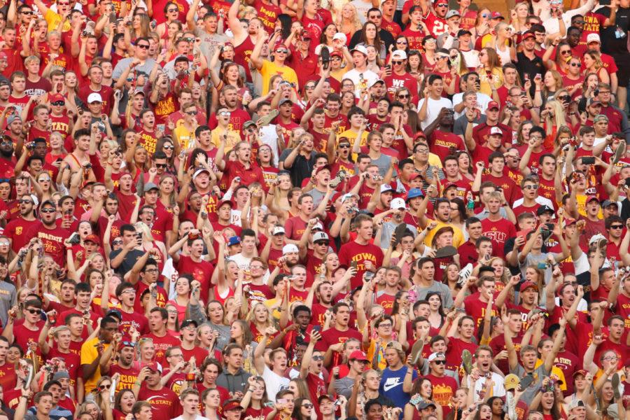 The Iowa State student section cheers on the Cyclones during the first game of the season against UNI on Saturday, Sept. 2. The Cyclones defeated the Panthers 42-24.