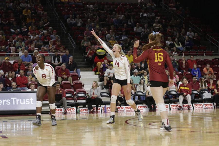 Cyclones volleyball team celebrate after getting a point against Baylor. Baylor defeated the Cyclones 3-0. Baylor defeated the Cyclones 3-0.