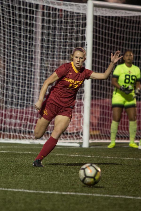 Merin Mundt, forward, handles the ball during the home opener for the Big 12 conference game versus Kansas on Sept. 29. The Iowa State soccer team lost 2-1.