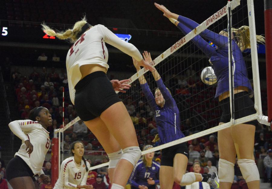 Jess+Schaben%2C+outside+hitter%2C+hits+the+ball+towards+Kansas+State+during+the+third+set+on+Oct.+11+at+Hilton+Coliseum.+The+Cyclones+won+3-0.