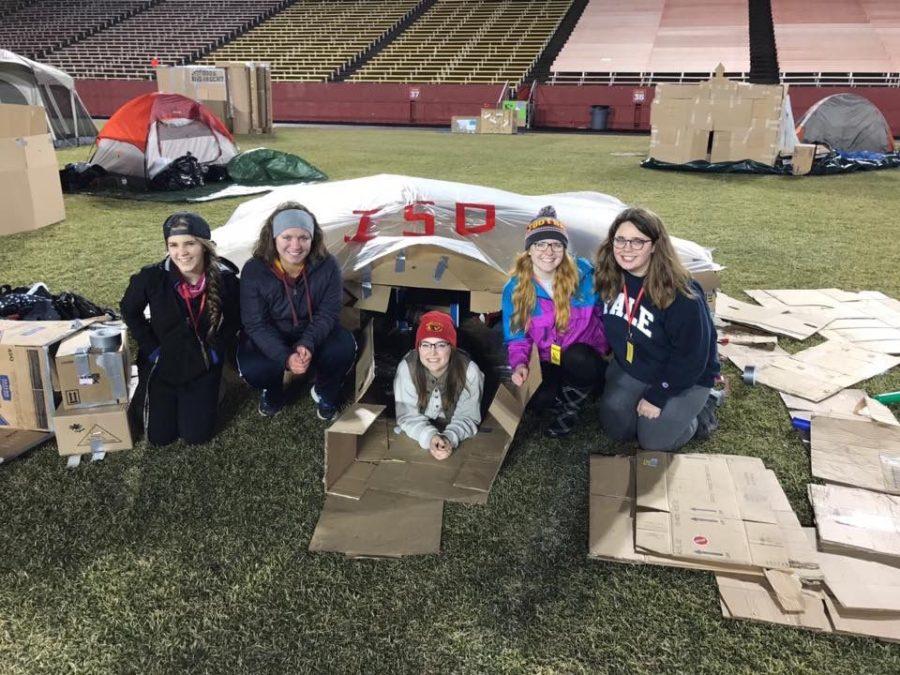 Five Iowa State Daily employees, myself included, slept in a cardboard structure as the media sponsors for Reggie's Sleepout in Jack Trice stadium.