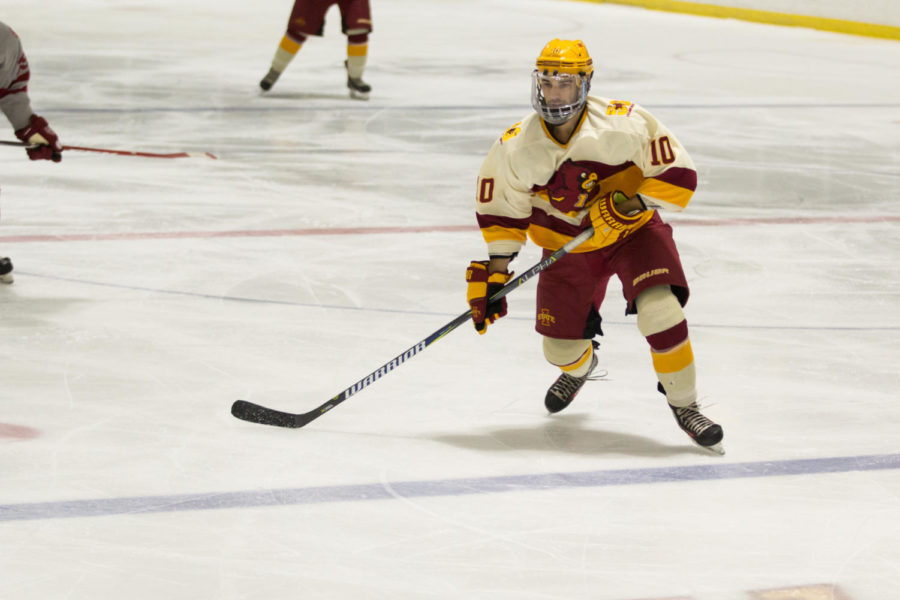 A member of the Cyclone Hockey team opens up for a pass during the game against Oklahoma Oct. 6. The Cyclones defeated Oklahoma 3-1.