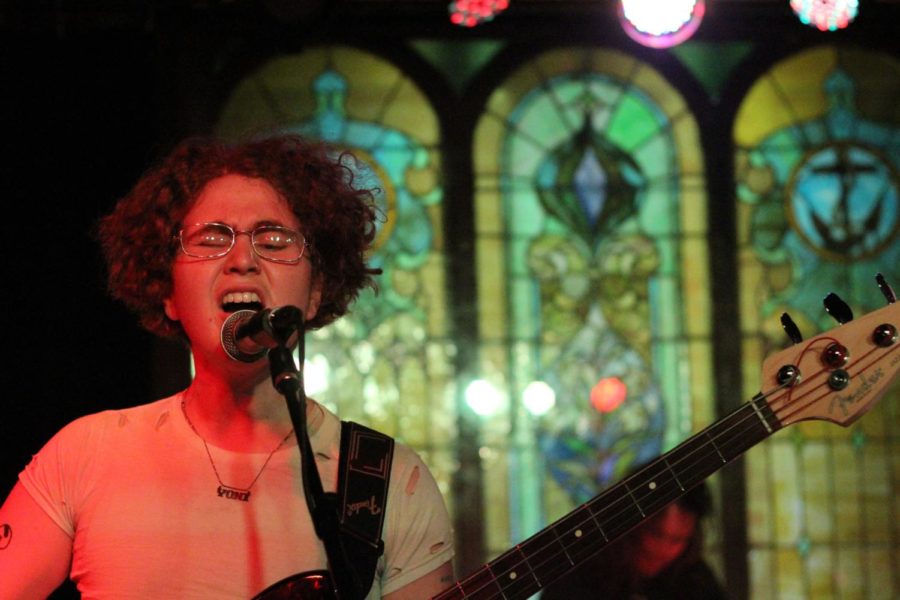 Cleo Tucker sings and plays bass during Girlpool's performance at the Maintenance Shop in the Memorial Union on Oct. 20. 