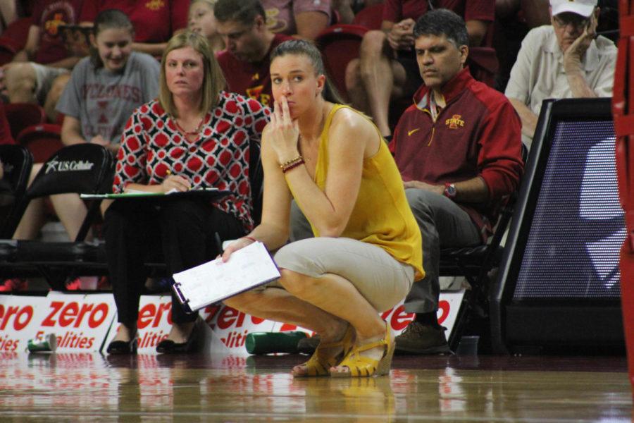 Assistant+Coach+Jen+Malcom+Keeping+her+focus+on+her+players+during+the+Iowa+State+vs.+Oklahoma+volleyball+game.