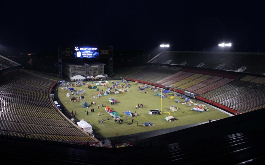 Participants of Reggies Sleepout sleep on the field of Jack Trice Stadium in tents and cardboard shelters on March 25. The event raised money for homeless children in Iowa.