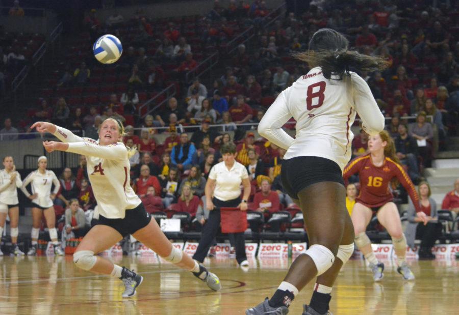 Jess Schaben, outside hitter, prepares to hit the ball towards Kansas State on Oct. 11 at Hilton Coliseum. The Cyclones won 3-0.