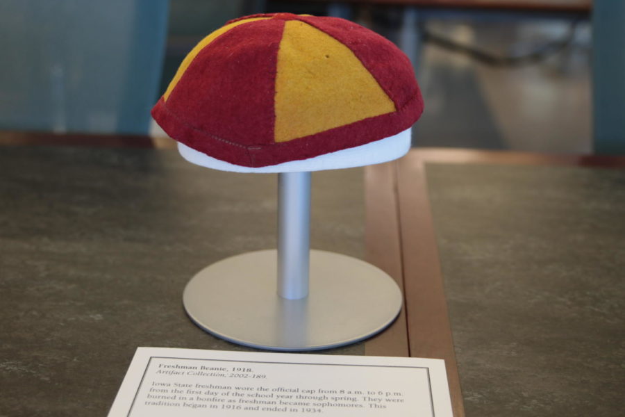 The freshman beanie was a hat that freshmen were required to wear on campus. At the end of the year there would be a big bonfire in which freshmen threw their hats in as a tradition.