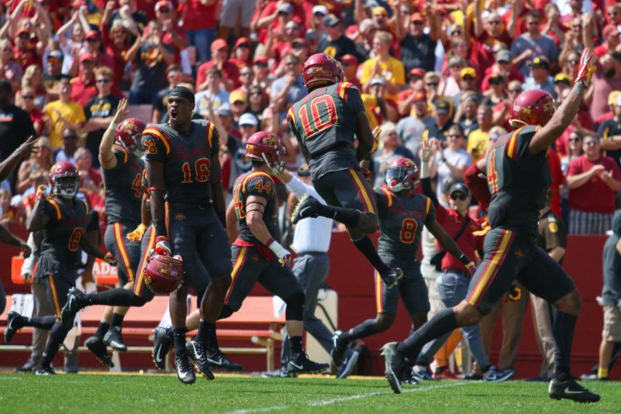 Iowa State players celebrate a touchdown during the annual CyHawk football game Sept. 9, 2017. The Cyclones fell to the Hawkeyes 44-41 in one overtime.