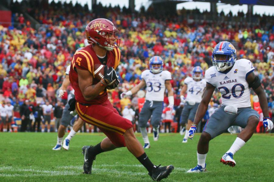Iowa State wide receiver Allen Lazard runs with the ball during the Cyclones 45-0 win over Kansas on Oct. 14, 2017. Lazard has 200 career receptions. Lazard has 200 career receptions to his name after this game. 