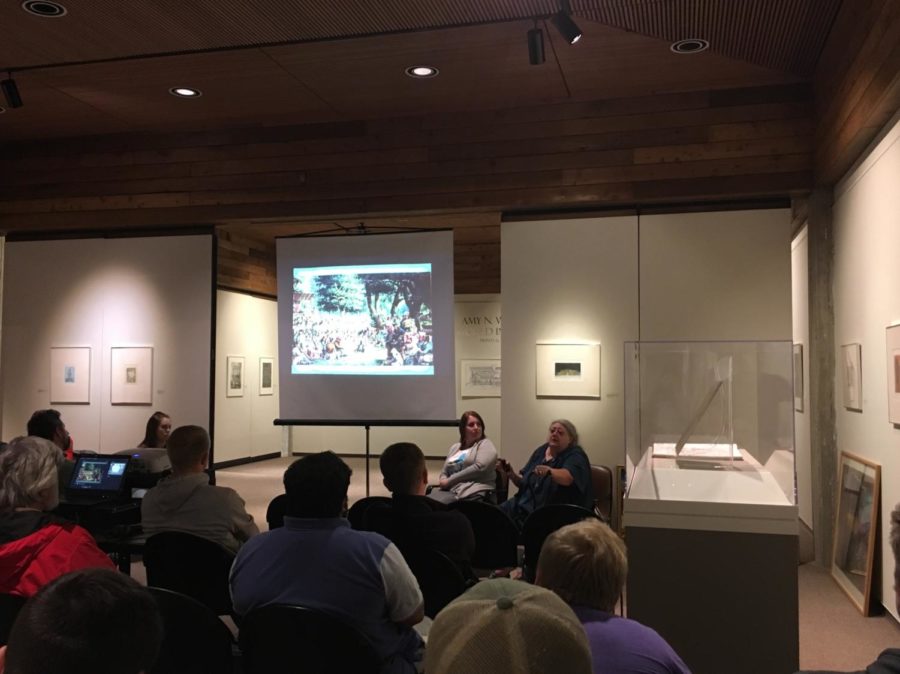 Lynn+Paxson+spoke+to+the+crowd+during+Mondays+panel+lecture+about+American+Indians+and+their+erasure+due+to+Columbus+and+his+colonization+efforts.