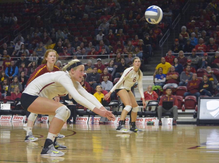 Jess Schaben, outside hitter, bumps the ball during the Cyclone versus Kansas State game on Oct. 11 at Hilton Coliseum. The Cyclones won 3-0.