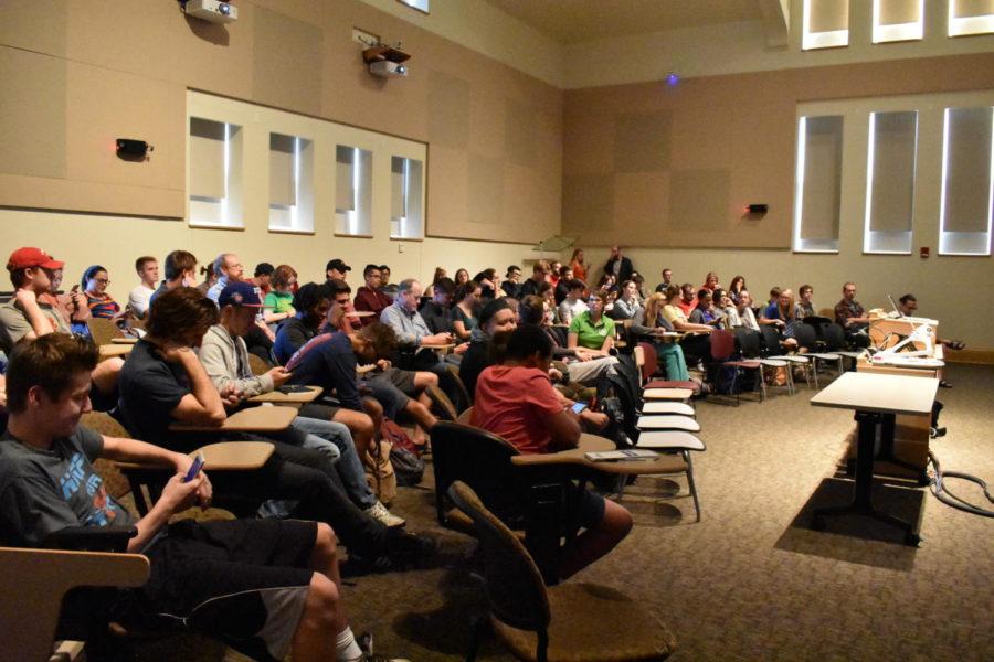 A large crowd of students and community members gathered in Morrill Hall to hear Chaz Evans lecture on Wednesday. 