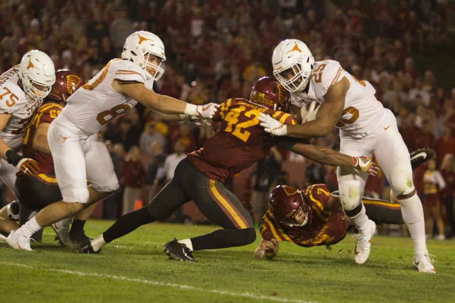 Marcel Spears Jr. dives for a tackle during the third quarter of the Iowa State vs Texas Football game. Longhorns won 17-7. 