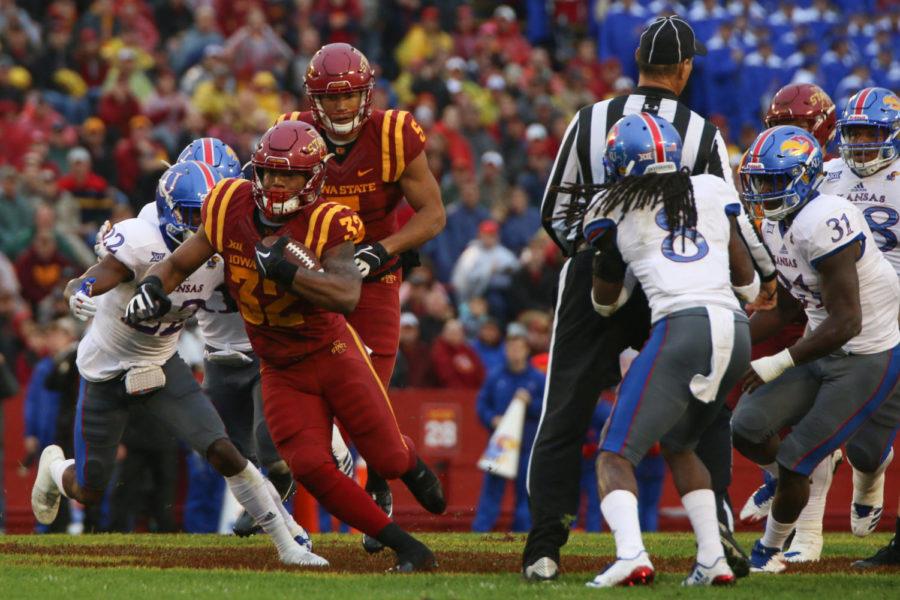 Iowa State running back David Montgomery breaks from the pocket during the Cyclones 45-0 win over Kansas on Oct. 14, 2017. Montgomery had three rushing touchdowns in the game.