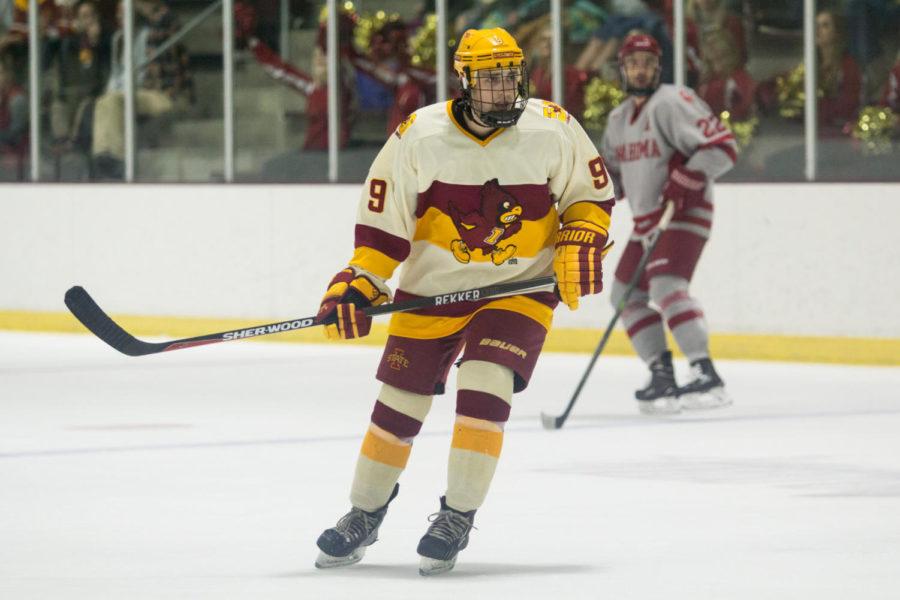 Member of the Cyclone Hockey team skates down the ice during the game against Oklahoma Oct. 6. The Cyclones defeated Oklahoma 3-1.