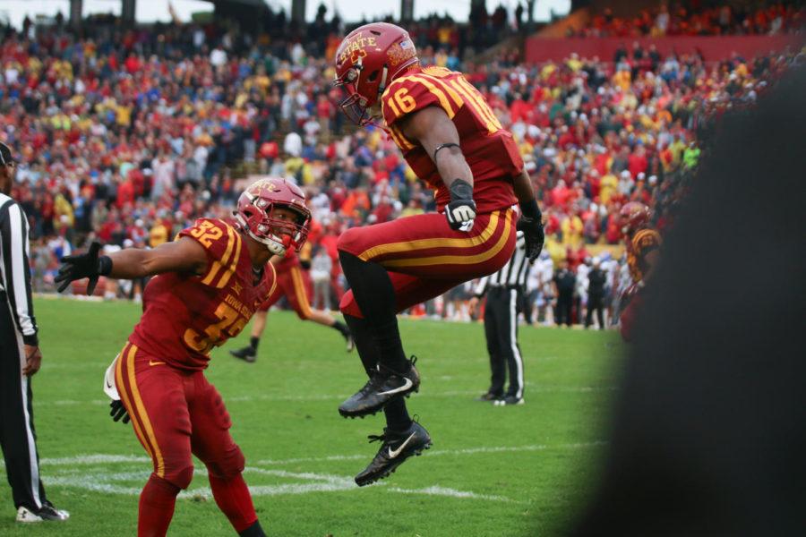 Iowa State wide receiver Marchie Murdock (16) celebrates his third quarter touchdown with David Montgomery (32) during the Cyclones 45-0 win over Kansas on Oct. 14, 2017.