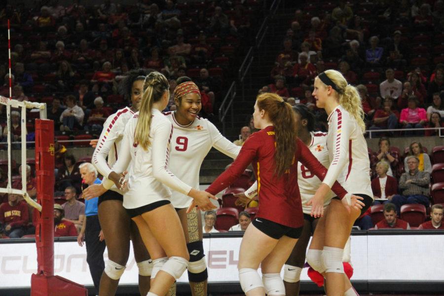 Iowa State Womens Volleyball team celebrates after earning a points against TCU on Saturday, October 21st. 