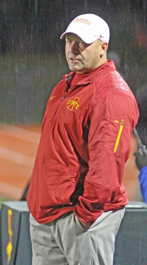Head coach Tony Minatta grumbles after the Cyclones let up a second goal. The Cyclones lost 2-0 to Texas Tech on homecoming, the final home game of the regular season. The Cyclones finished 0-8 in Big 12 conference play.