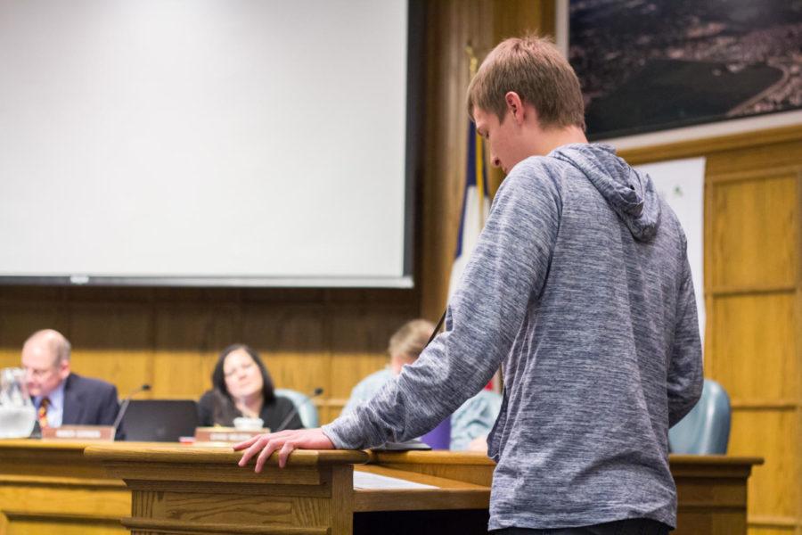 Iowa State freshman Jacob Schrader addresses the the City Counsel Nov. 14. regarding the city councils decision pertaining to limiting occupancy in rental units.