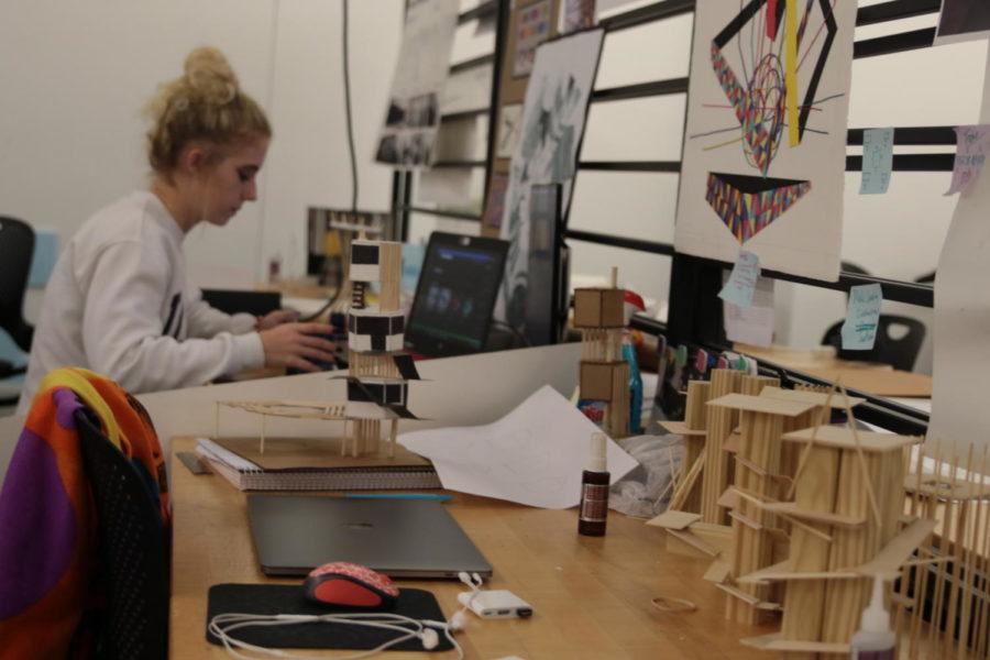 Caitlyn Jones, sophomore in architecture, works on her portfolio in the College of Design. 