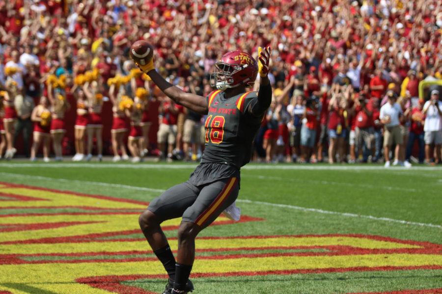 Iowa State receiver Hakeem Butler celebrates after one of his two touchdowns against Iowa. Butler accounted for 128 yards of offense during the 44-41 loss.