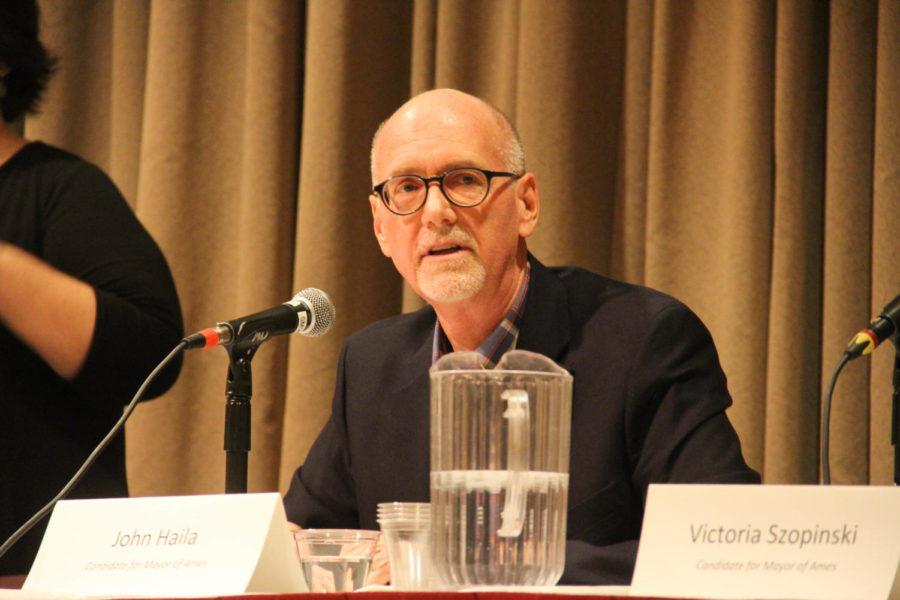 John Haila, candidate for the Mayor of Ames, answering questions at the Memorial Union on Nov. 2nd.