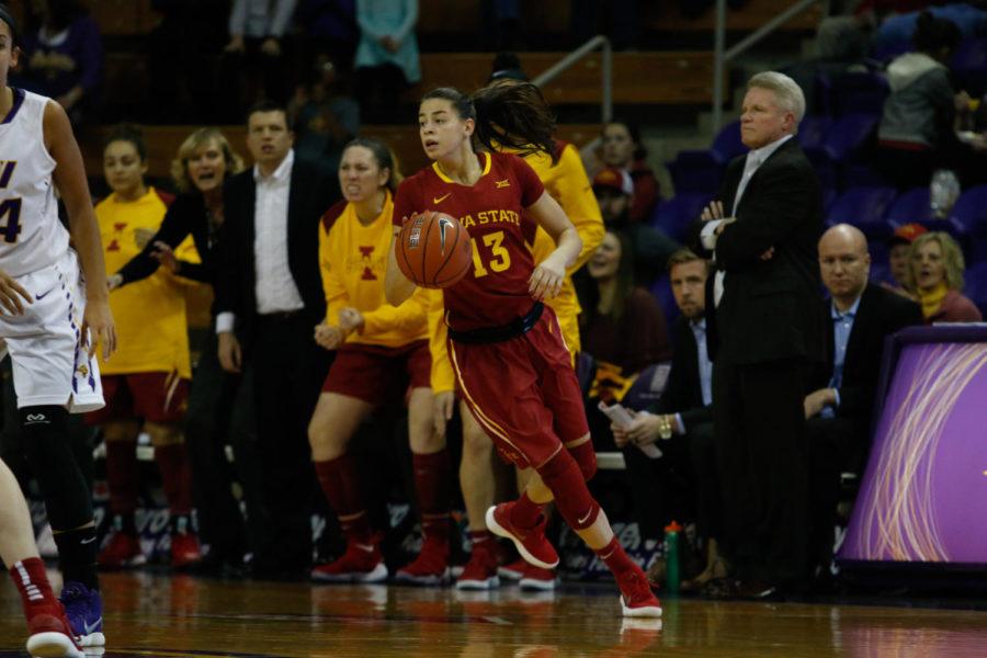 Iowa State sophomore forward Adriana Camber looks for an option as she dribbles the ball during the Cyclones 57-53 loss to Northern Iowa at the McLeod Center. 