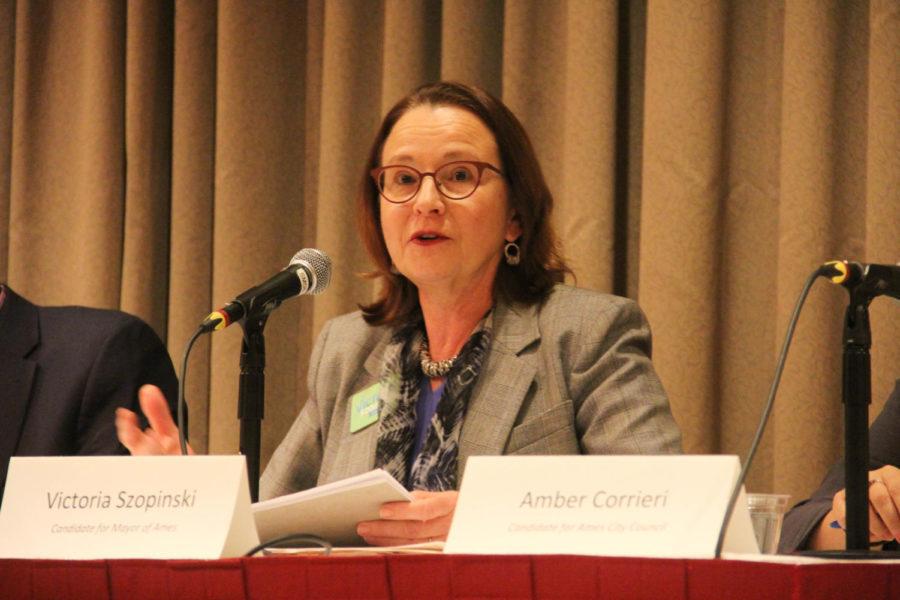 Victoria Szopinski, candidate for the Mayor of Ames, answering questions at the Memorial Union on Nov. 2nd.