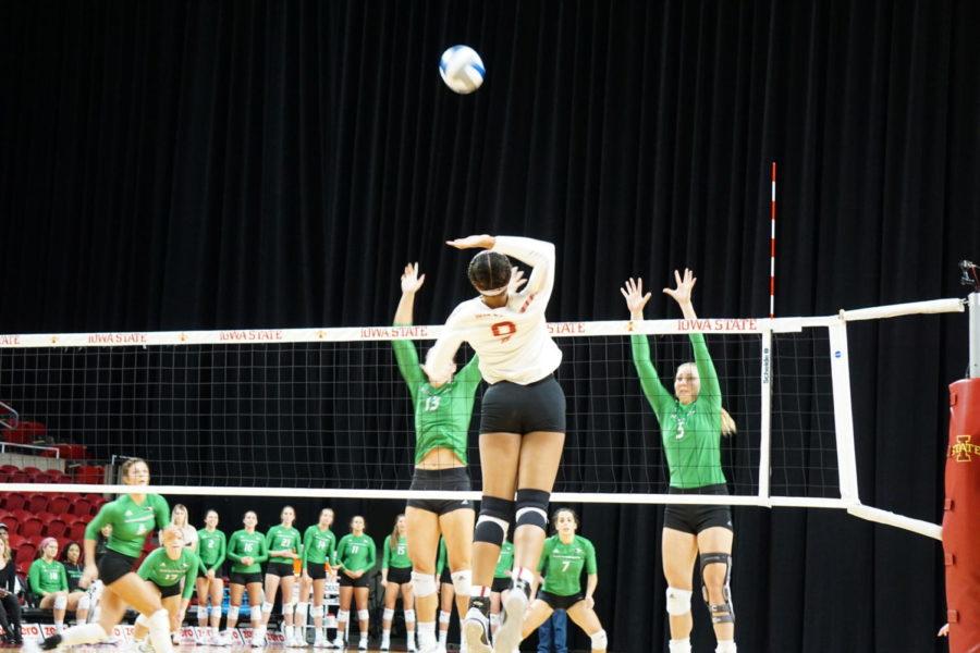 Player Samara West spiked the ball onto the North Dakotas court, winning another point for Iowa State at the womens volleyball game on October 30th.