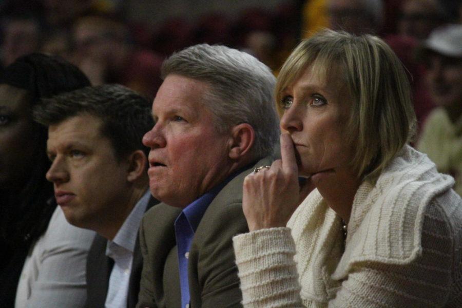 Head coach Bill Fennelly and assistant coach Jodi Steyer watch the game against Delaware State Dec. 18. 