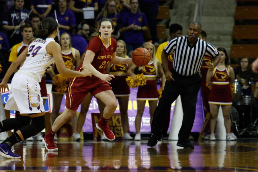 Junior guard Bridget Carleton attempts to bring the ball up the court during Iowa States 57-53 loss to Northern Iowa. 