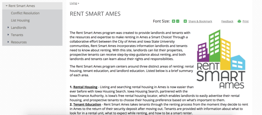 A screenshot of the Rent Smart Ames website. The website includes details on conflict resolution, landlord and tenant relationships, as well as available listings. 