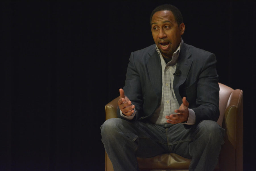 Stephen A Smith, ESPN commentator, spoke about his career as a sports journalist during a Q&A format during AfterDark on Nov. 3 in the Great Hall of the Memorial Union. “Growing up a sport fan, it rescued me because I got left back when I was in third grade because I had dyslexia,” Smith said. Smith recalled a moment when he was younger after the neighborhood kids made fun of him for getting left back a grade. “It was that day when I sat in the backyard and my father looked at me with just disgust and shame and all that stuff, my mother came out and she put her arms around me and she was like ‘you’ll overcome this you’ll make sure this never happens to you again’ and I knew that I would never let it happen to me again because I remember how humiliated I felt. So, from that point forward what my mother discovered was ‘hey he loves sports’, so rather than just talking about it why not read about it. Smith became an avid reader after that and was able to progress with his dyslexia.
