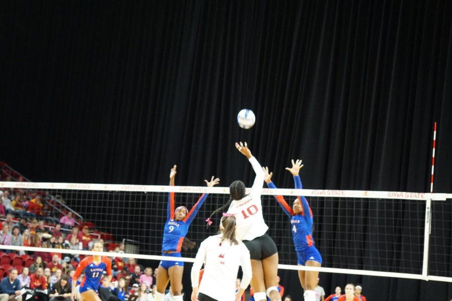 Number 10 blocked a very large amounts of attempted points from KU at the volleyball game on October 28th.