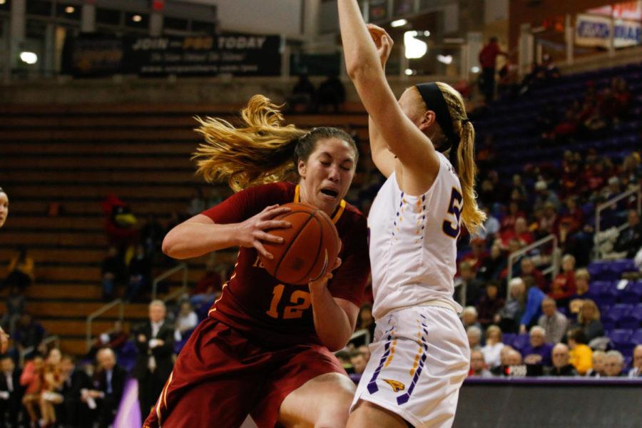Iowa State junior forward Bride Kennedy-Hopoate drives to the hoop during the Cyclones 57-53 loss to Northern Iowa. 