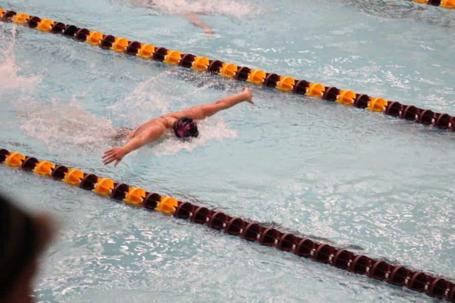 Freshman Kennedy Tranel competes in a heat of the butterfly stroke in the Beyer Hall pool on Oct. 27. 