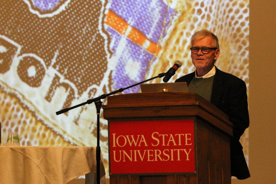 Patagonia's vice president of public engagement Rick Ridgeway speaks to Iowa State students on Feb. 2 in the Great Hall of the Memorial Union.