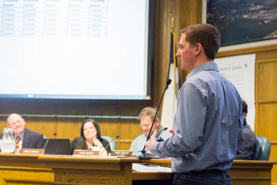 Iowa State Student Body Vice President Cody smith addresses the the City Council on Nov. 14 regarding the City Councils decision pertaining to limiting occupancy in rental units.